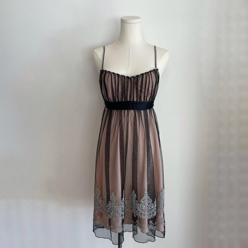 Y2K Black Mesh Overlay Pink Babydoll Dress With Beaded Sequin | Women’s Size S